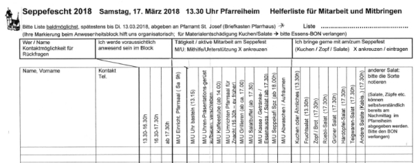 Helfer- und Mitbring-Liste für Josefstag 2018