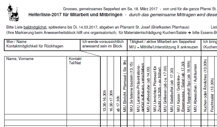 Helferliste für Seppefest 2016